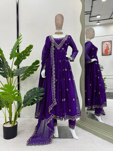 Purple Elegant Faux Georgette Gown Set with Dupatta ClothsVilla.com