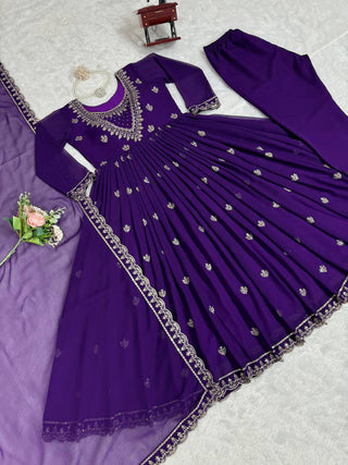 Purple Elegant Faux Georgette Gown Set with Dupatta ClothsVilla.com