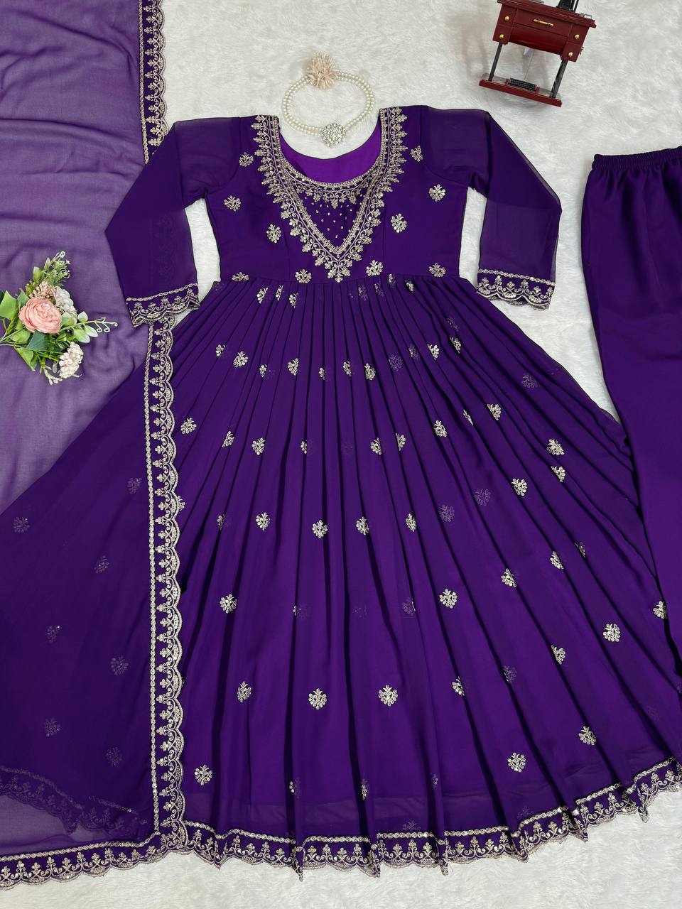 Purple Elegant Faux Georgette Gown Set with Dupatta ClothsVilla.com
