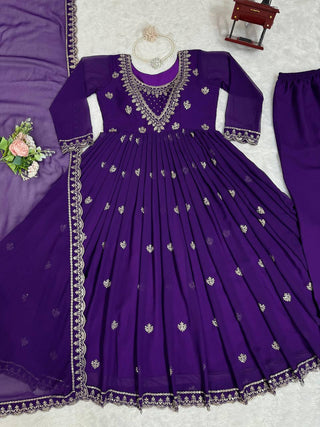 Purple Elegant Faux Georgette Gown Set with Dupatta ClothsVilla.com