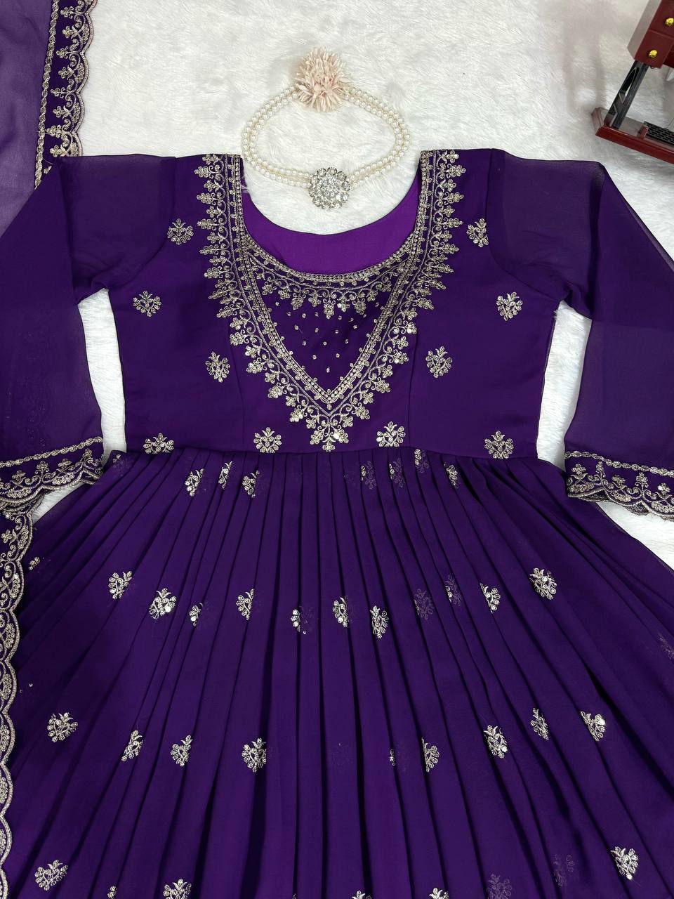 Purple Elegant Faux Georgette Gown Set with Dupatta ClothsVilla.com