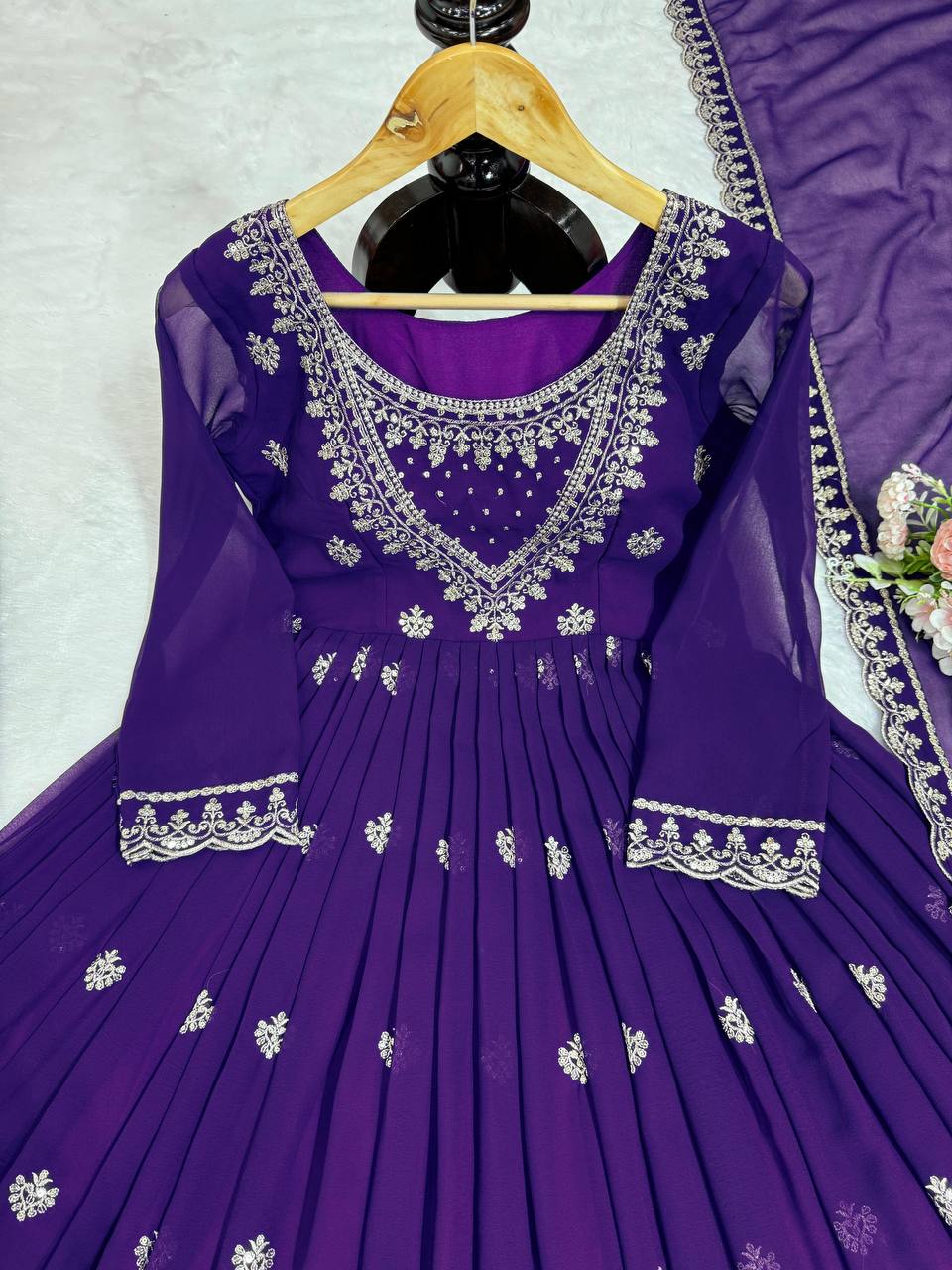 Purple Elegant Faux Georgette Gown Set with Dupatta ClothsVilla.com