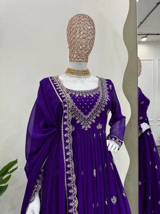 Purple Elegant Faux Georgette Gown Set with Dupatta ClothsVilla.com