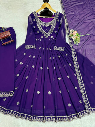 Purple Elegant Faux Georgette Gown Set with Dupatta ClothsVilla.com