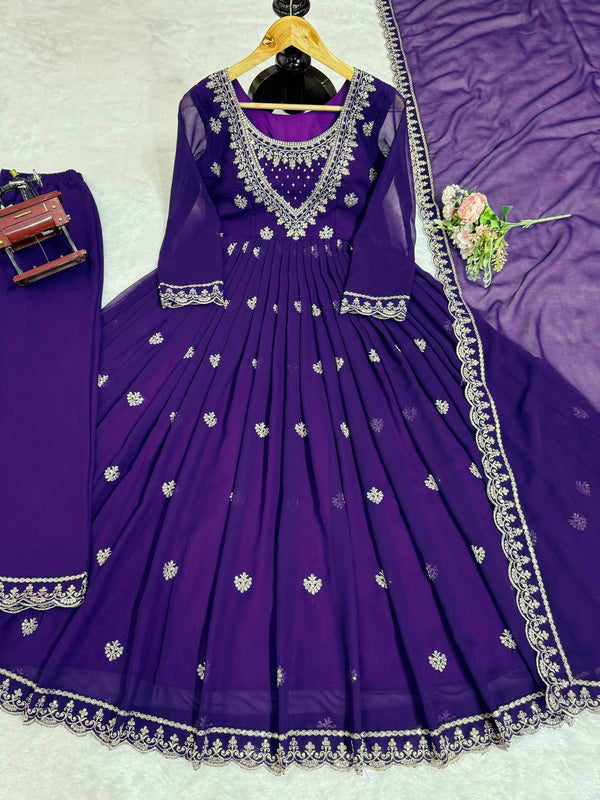 Purple Elegant Faux Georgette Gown Set with Dupatta ClothsVilla.com