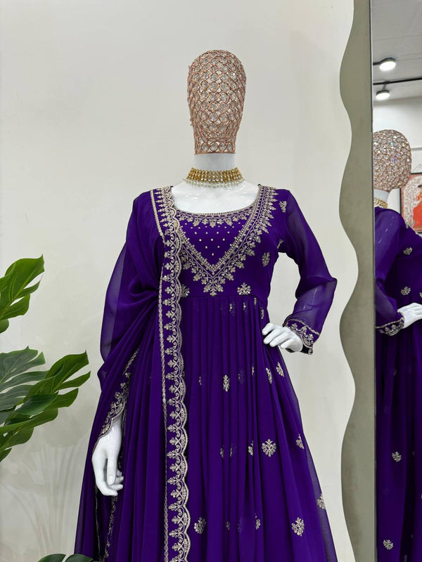 Purple Elegant Faux Georgette Gown Set with Dupatta ClothsVilla.com
