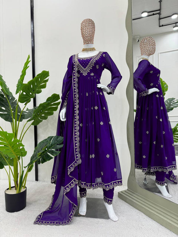 Purple Elegant Faux Georgette Gown Set with Dupatta ClothsVilla.com