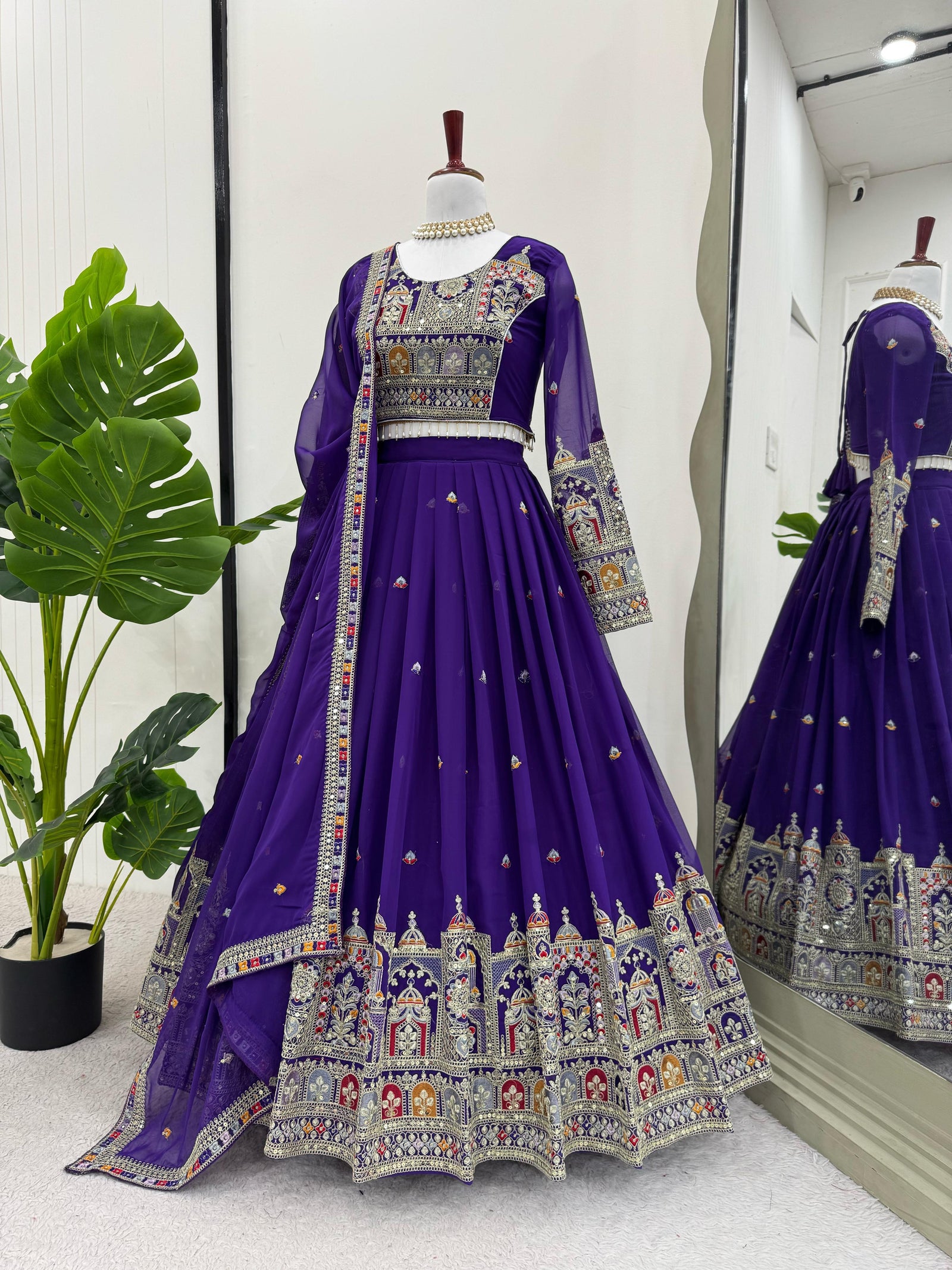 Purple Elegant Faux Georgette Lehenga Choli Set with Heavy Embroidery & Dupatta ClothsVilla