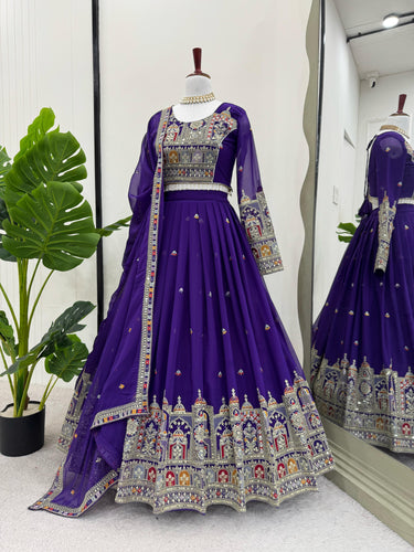Purple Elegant Faux Georgette Lehenga Choli Set with Heavy Embroidery & Dupatta ClothsVilla