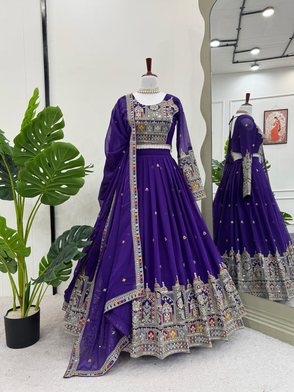 Purple Elegant Faux Georgette Lehenga Choli Set with Heavy Embroidery & Dupatta ClothsVilla
