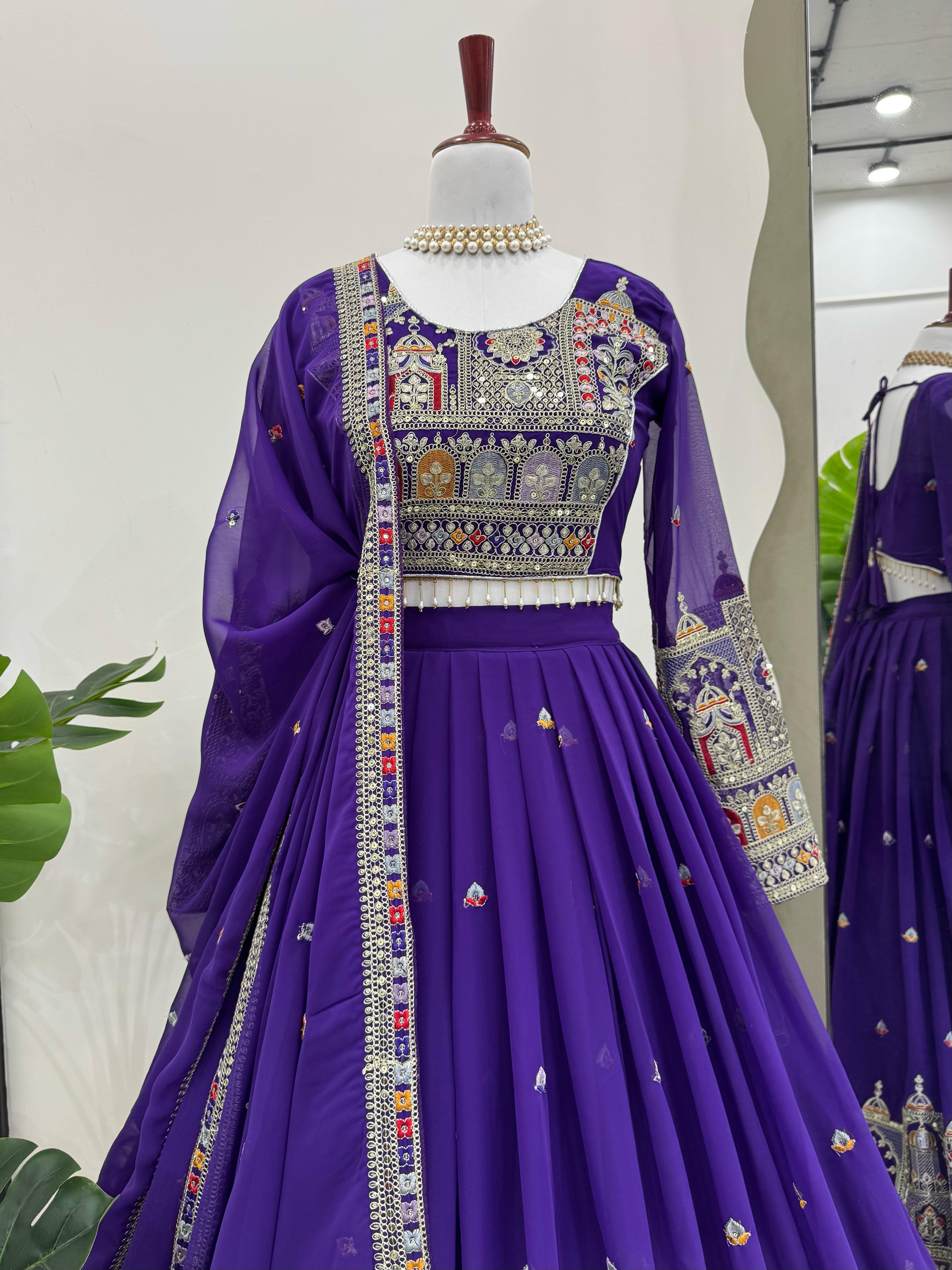 Purple Elegant Faux Georgette Lehenga Choli Set with Heavy Embroidery & Dupatta ClothsVilla