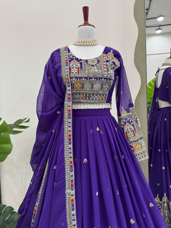 Purple Elegant Faux Georgette Lehenga Choli Set with Heavy Embroidery & Dupatta ClothsVilla