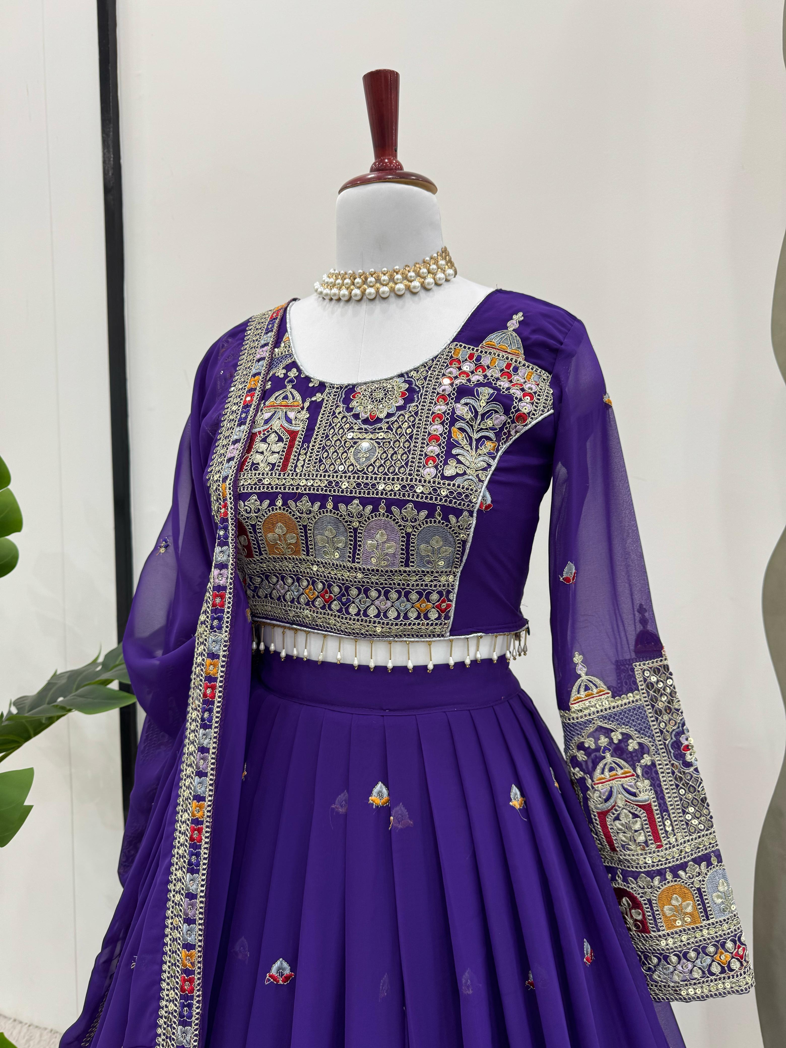 Purple Elegant Faux Georgette Lehenga Choli Set with Heavy Embroidery & Dupatta ClothsVilla