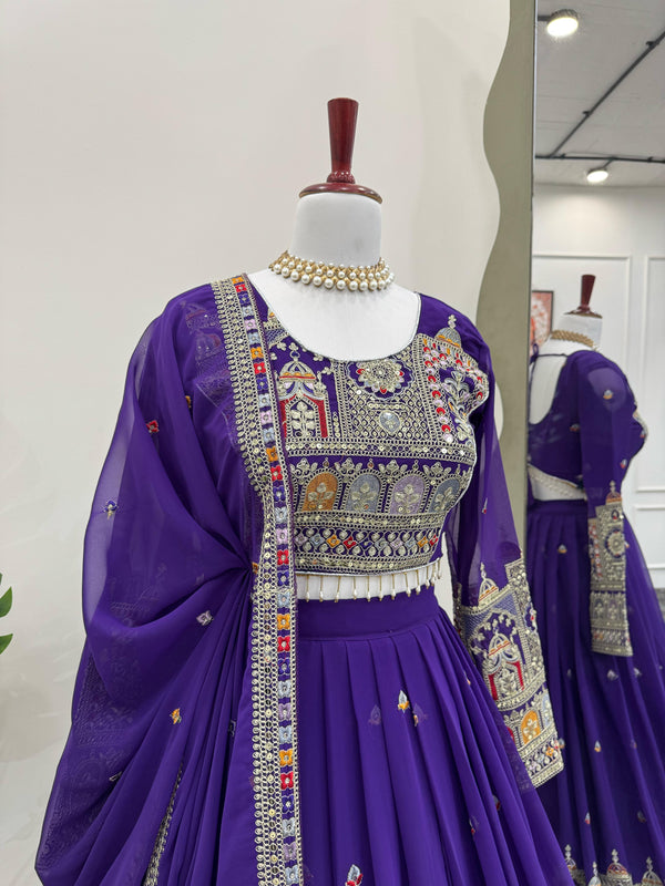 Purple Elegant Faux Georgette Lehenga Choli Set with Heavy Embroidery & Dupatta ClothsVilla