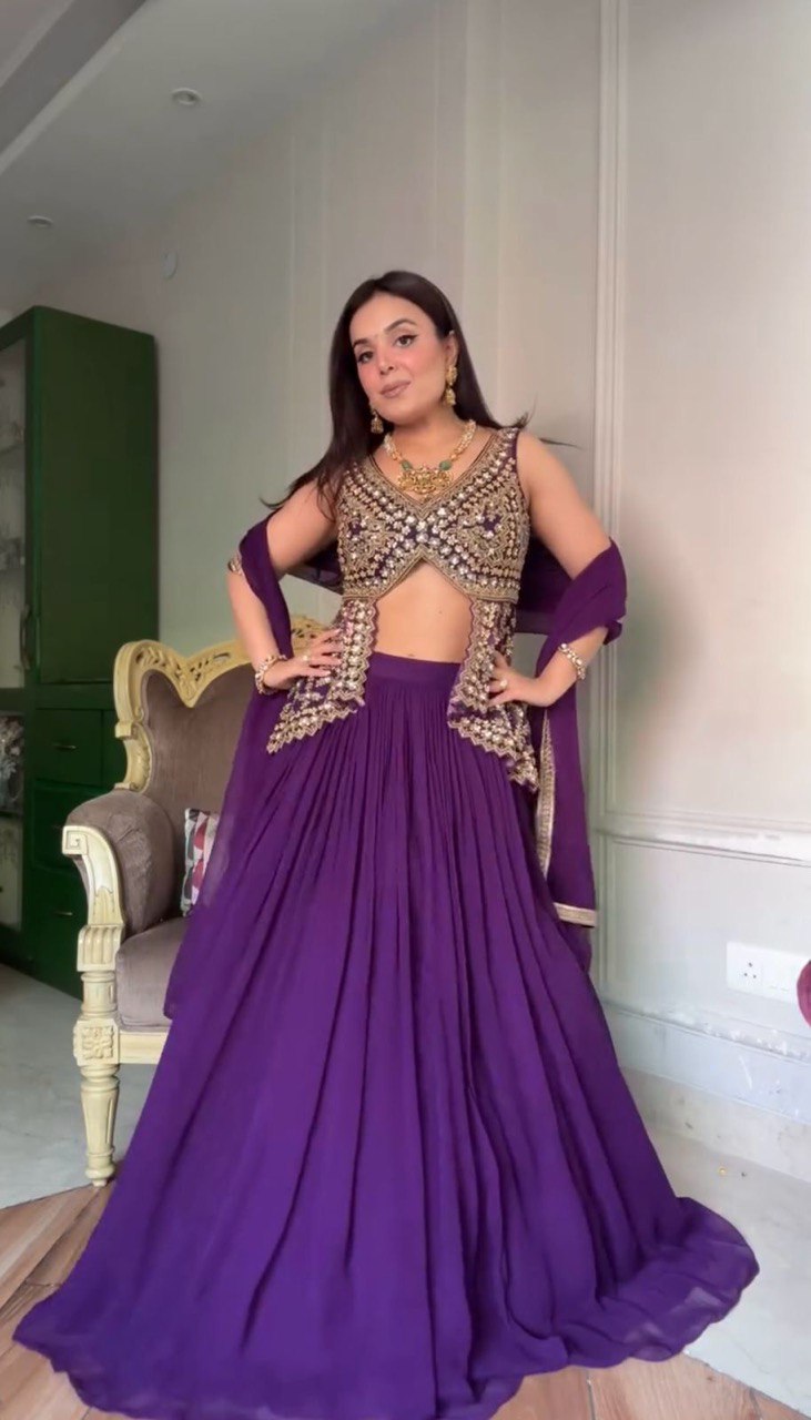 Purple Elegant Faux Georgette Semi-Stitched Lehenga Set with Fully Stitched Top & Fancy Lace Dupatta ClothsVilla Main image
