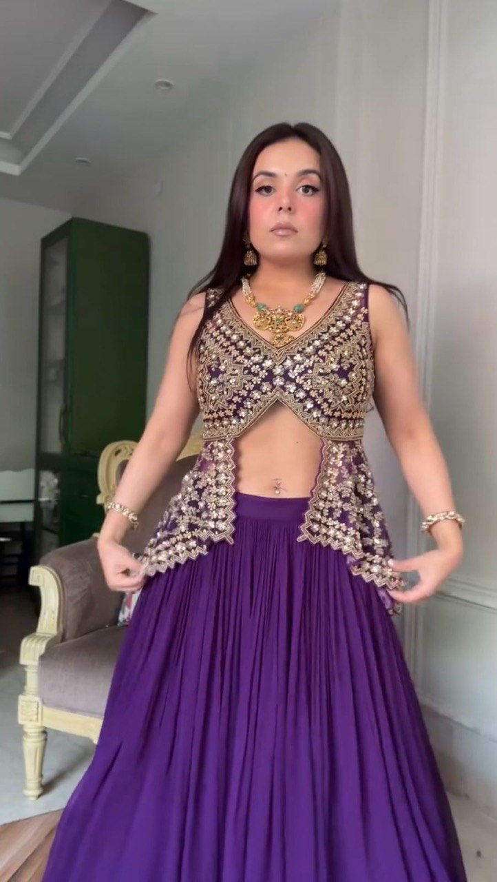Purple Elegant Faux Georgette Semi-Stitched Lehenga Set with Fully Stitched Top & Fancy Lace Dupatta ClothsVilla