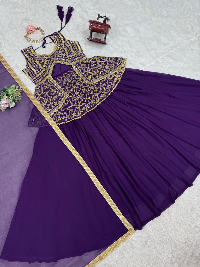 Purple Elegant Faux Georgette Semi-Stitched Lehenga Set with Fully Stitched Top & Fancy Lace Dupatta ClothsVilla