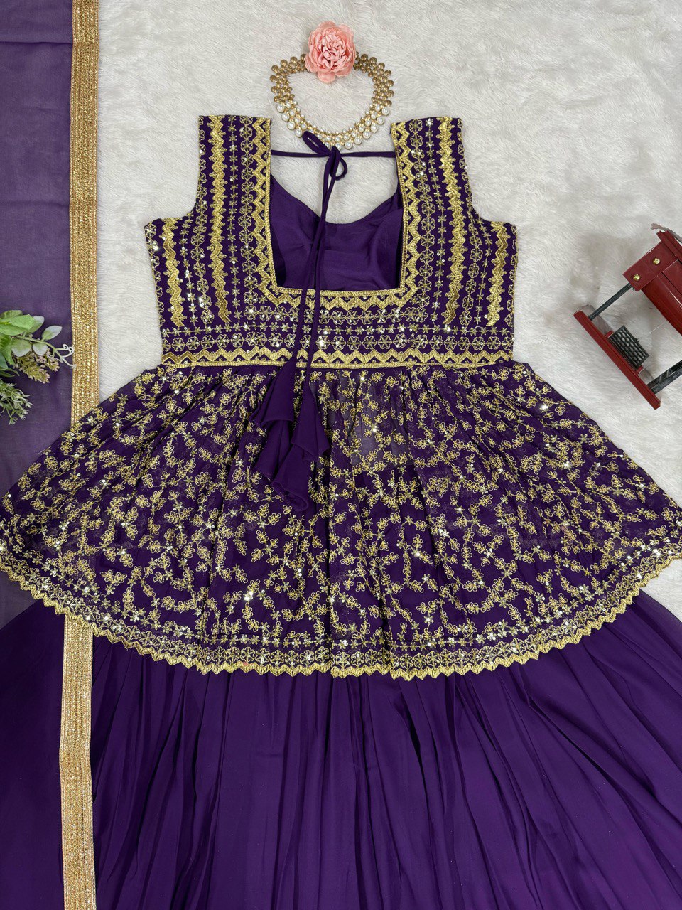 Purple Elegant Faux Georgette Semi-Stitched Lehenga Set with Fully Stitched Top & Fancy Lace Dupatta ClothsVilla