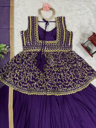 Purple Elegant Faux Georgette Semi-Stitched Lehenga Set with Fully Stitched Top & Fancy Lace Dupatta ClothsVilla