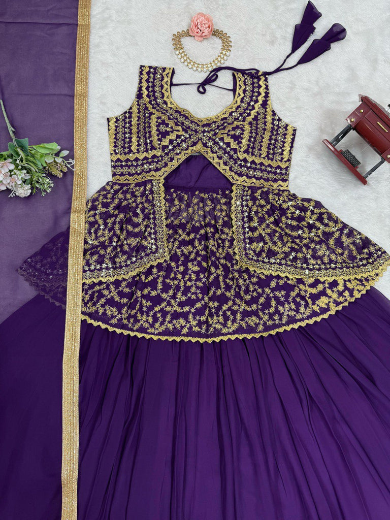 Purple Elegant Faux Georgette Semi-Stitched Lehenga Set with Fully Stitched Top & Fancy Lace Dupatta ClothsVilla
