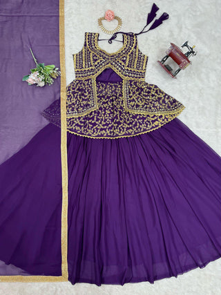 Purple Elegant Faux Georgette Semi-Stitched Lehenga Set with Fully Stitched Top & Fancy Lace Dupatta ClothsVilla