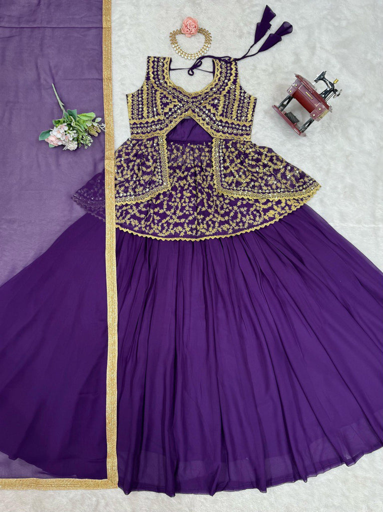 Purple Elegant Faux Georgette Semi-Stitched Lehenga Set with Fully Stitched Top & Fancy Lace Dupatta ClothsVilla