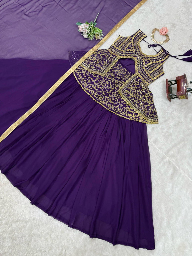 Purple Elegant Faux Georgette Semi-Stitched Lehenga Set with Fully Stitched Top & Fancy Lace Dupatta ClothsVilla