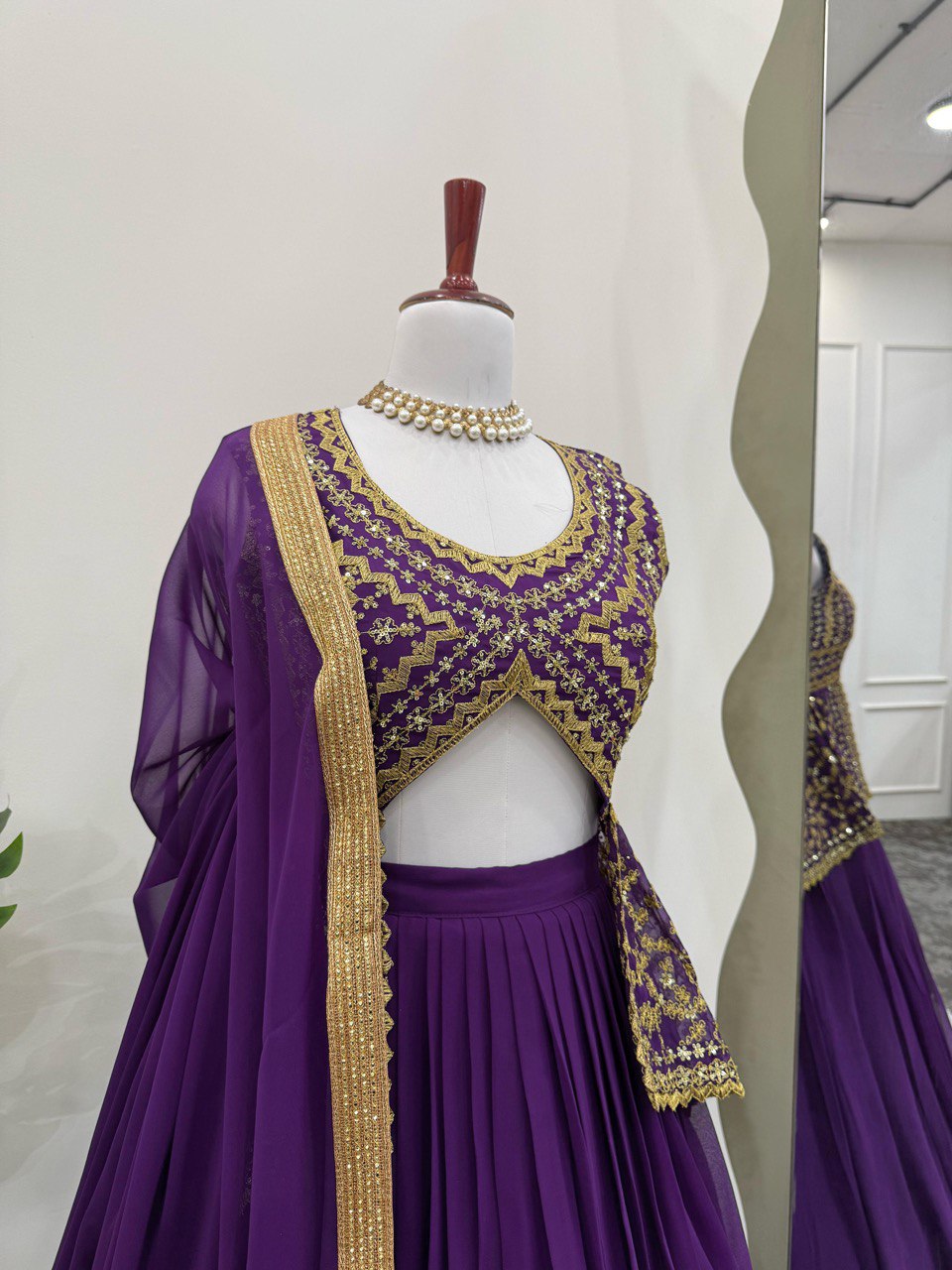 Purple Elegant Faux Georgette Semi-Stitched Lehenga Set with Fully Stitched Top & Fancy Lace Dupatta ClothsVilla