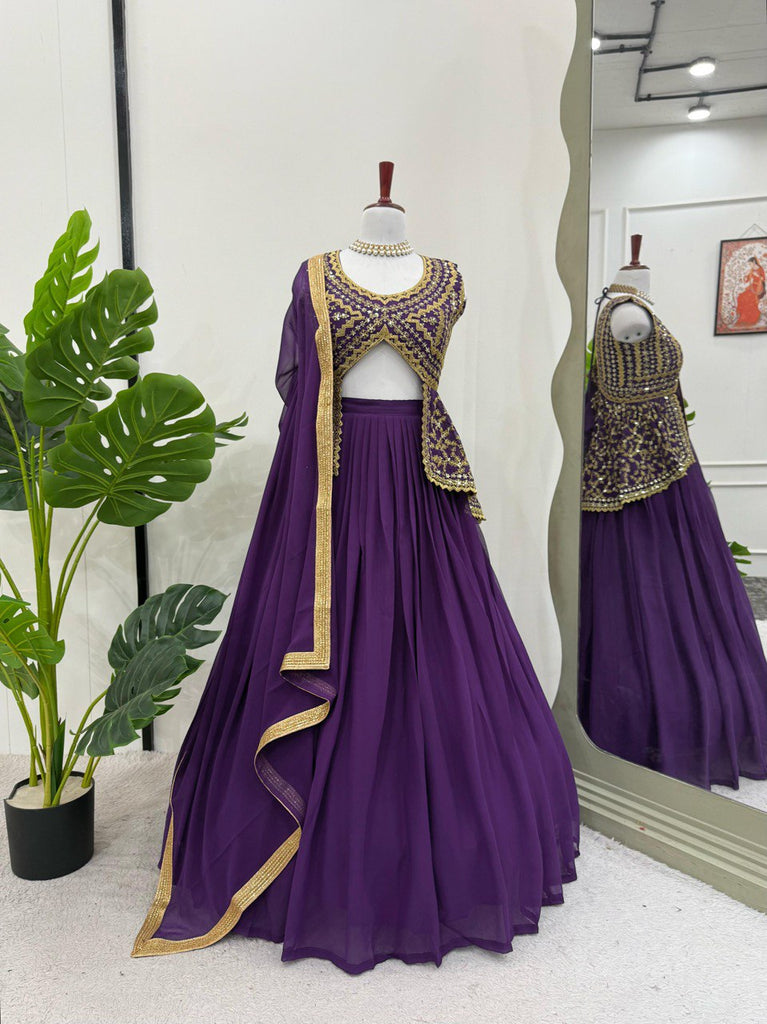 Purple Elegant Faux Georgette Semi-Stitched Lehenga Set with Fully Stitched Top & Fancy Lace Dupatta ClothsVilla