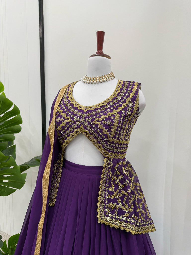 Purple Elegant Faux Georgette Semi-Stitched Lehenga Set with Fully Stitched Top & Fancy Lace Dupatta ClothsVilla