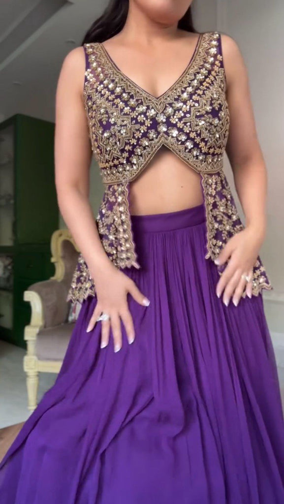 Purple Elegant Faux Georgette Semi-Stitched Lehenga Set with Fully Stitched Top & Fancy Lace Dupatta ClothsVilla