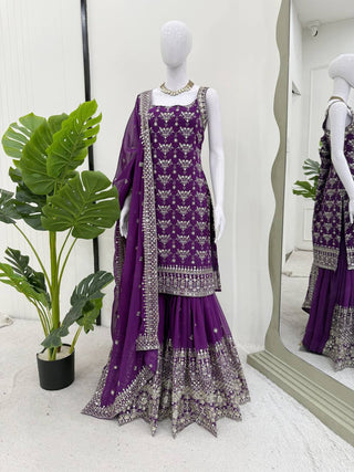 Purple Elegant Faux Georgette Sharara Set with Sequins & Thread Work – Includes Dupatta ClothsVilla