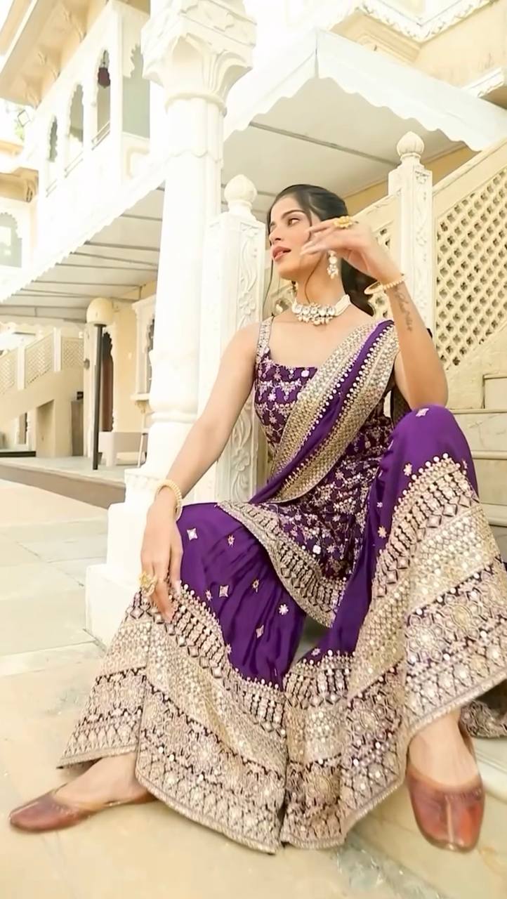 Purple Elegant Faux Georgette Sharara Set with Sequins & Thread Work – Includes Dupatta ClothsVilla