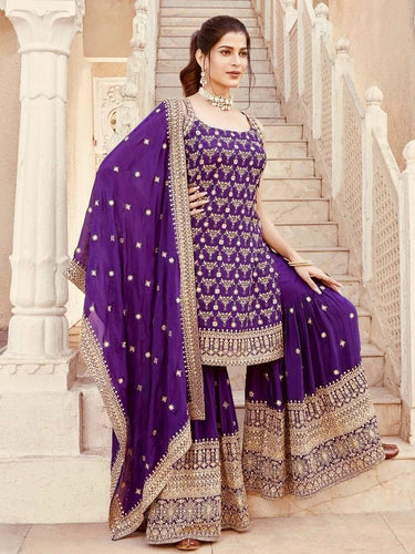 Purple Elegant Faux Georgette Sharara Set with Sequins & Thread Work – Includes Dupatta ClothsVilla