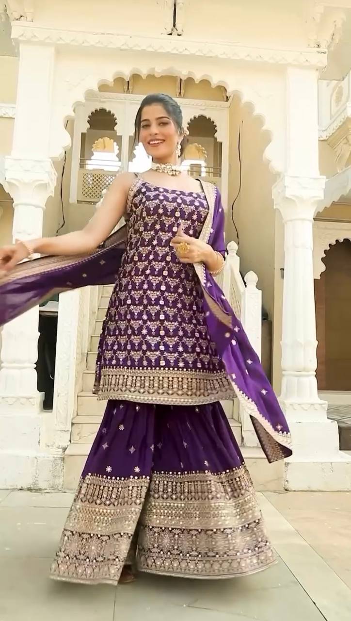 Purple Elegant Faux Georgette Sharara Set with Sequins & Thread Work – Includes Dupatta ClothsVilla Main image