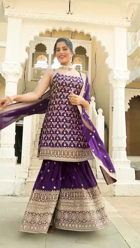 Purple Elegant Faux Georgette Sharara Set with Sequins & Thread Work – Includes Dupatta ClothsVilla Main image