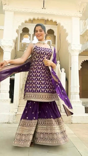Purple Elegant Faux Georgette Sharara Set with Sequins & Thread Work – Includes Dupatta ClothsVilla