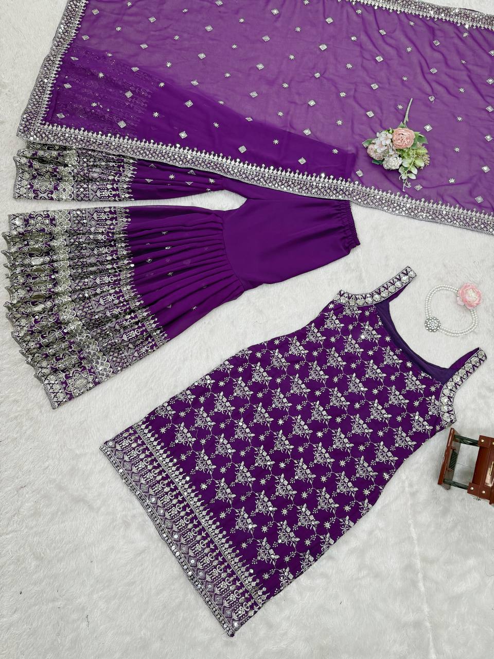 Purple Elegant Faux Georgette Sharara Set with Sequins & Thread Work – Includes Dupatta ClothsVilla