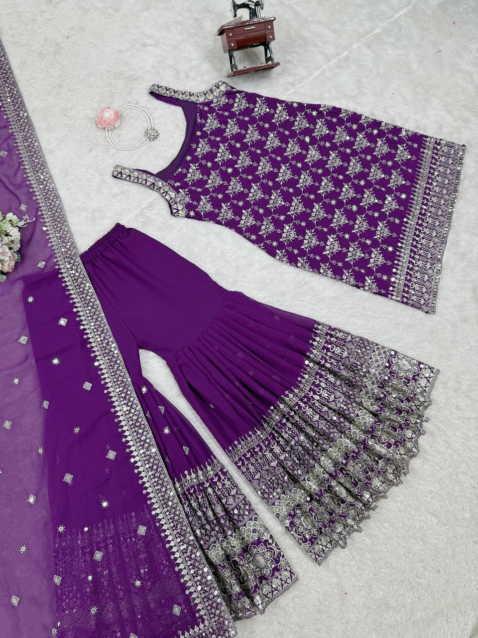 Purple Elegant Faux Georgette Sharara Set with Sequins & Thread Work – Includes Dupatta ClothsVilla