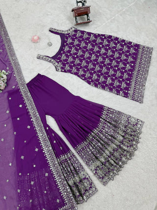 Purple Elegant Faux Georgette Sharara Set with Sequins & Thread Work – Includes Dupatta ClothsVilla