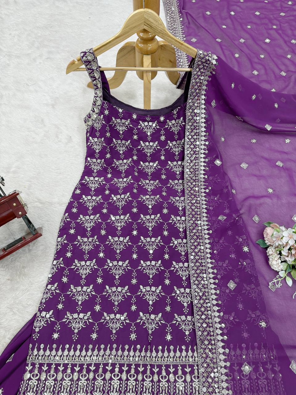 Purple Elegant Faux Georgette Sharara Set with Sequins & Thread Work – Includes Dupatta ClothsVilla