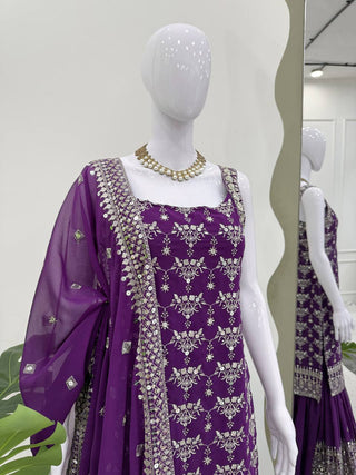 Purple Elegant Faux Georgette Sharara Set with Sequins & Thread Work – Includes Dupatta ClothsVilla
