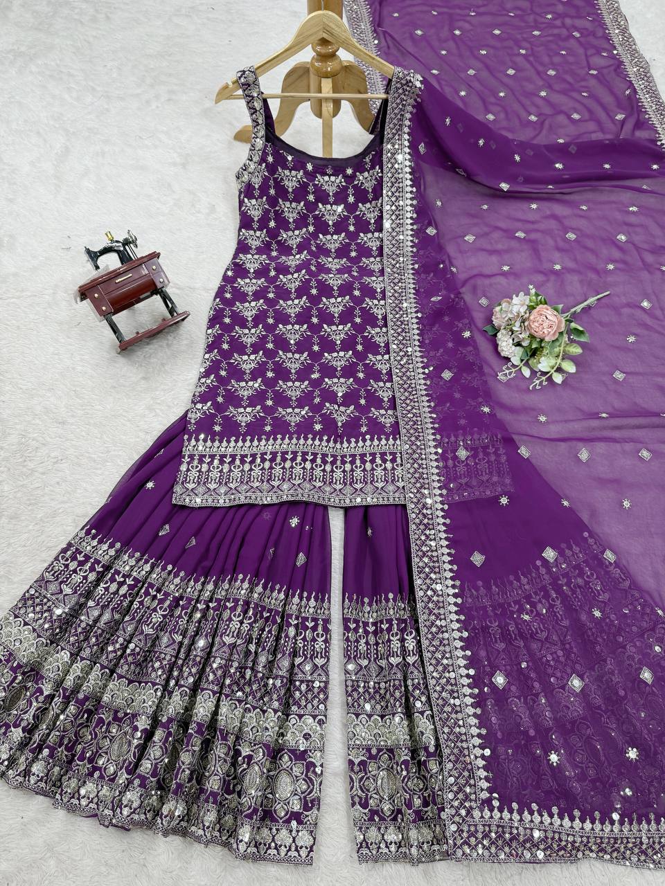 Purple Elegant Faux Georgette Sharara Set with Sequins & Thread Work – Includes Dupatta ClothsVilla