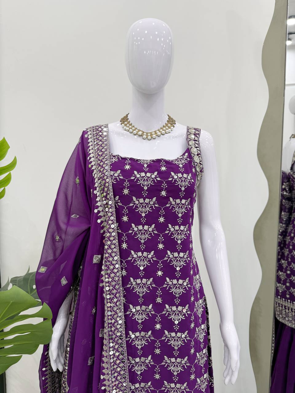 Purple Elegant Faux Georgette Sharara Set with Sequins & Thread Work – Includes Dupatta ClothsVilla