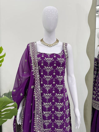 Purple Elegant Faux Georgette Sharara Set with Sequins & Thread Work – Includes Dupatta ClothsVilla