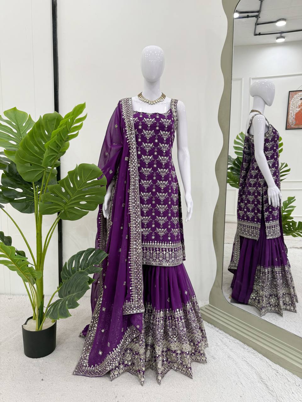 Purple Elegant Faux Georgette Sharara Set with Sequins & Thread Work – Includes Dupatta ClothsVilla