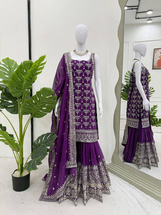 Purple Elegant Faux Georgette Sharara Set with Sequins & Thread Work – Includes Dupatta ClothsVilla
