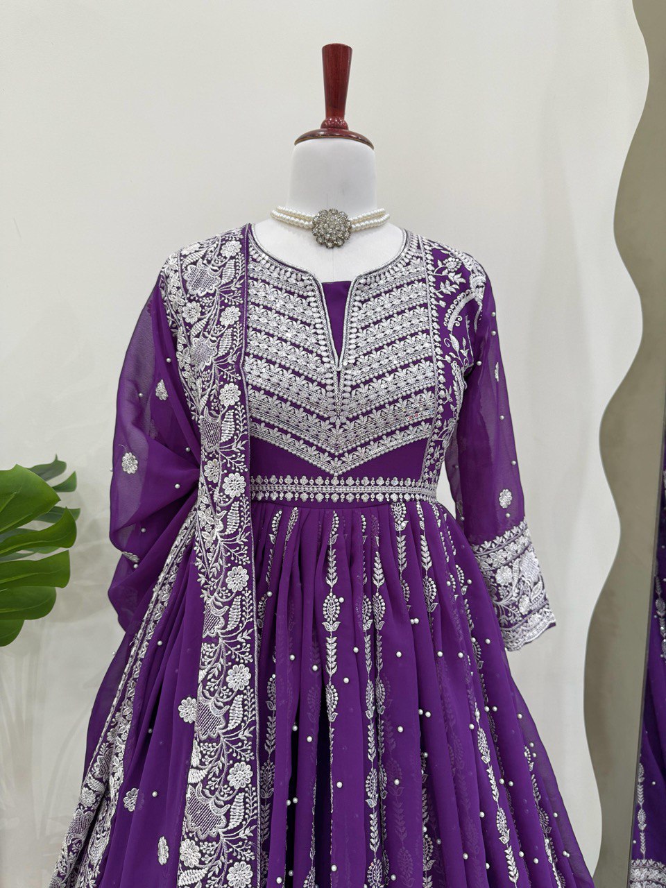 Purple Elegant Faux Georgette Thread & Sequin Embellished Suit Set with Rivet Moti Detailing ClothsVilla