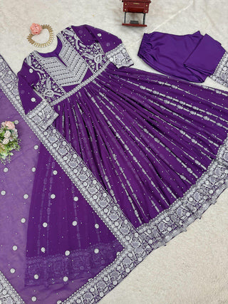 Purple Elegant Faux Georgette Thread & Sequin Embellished Suit Set with Rivet Moti Detailing ClothsVilla