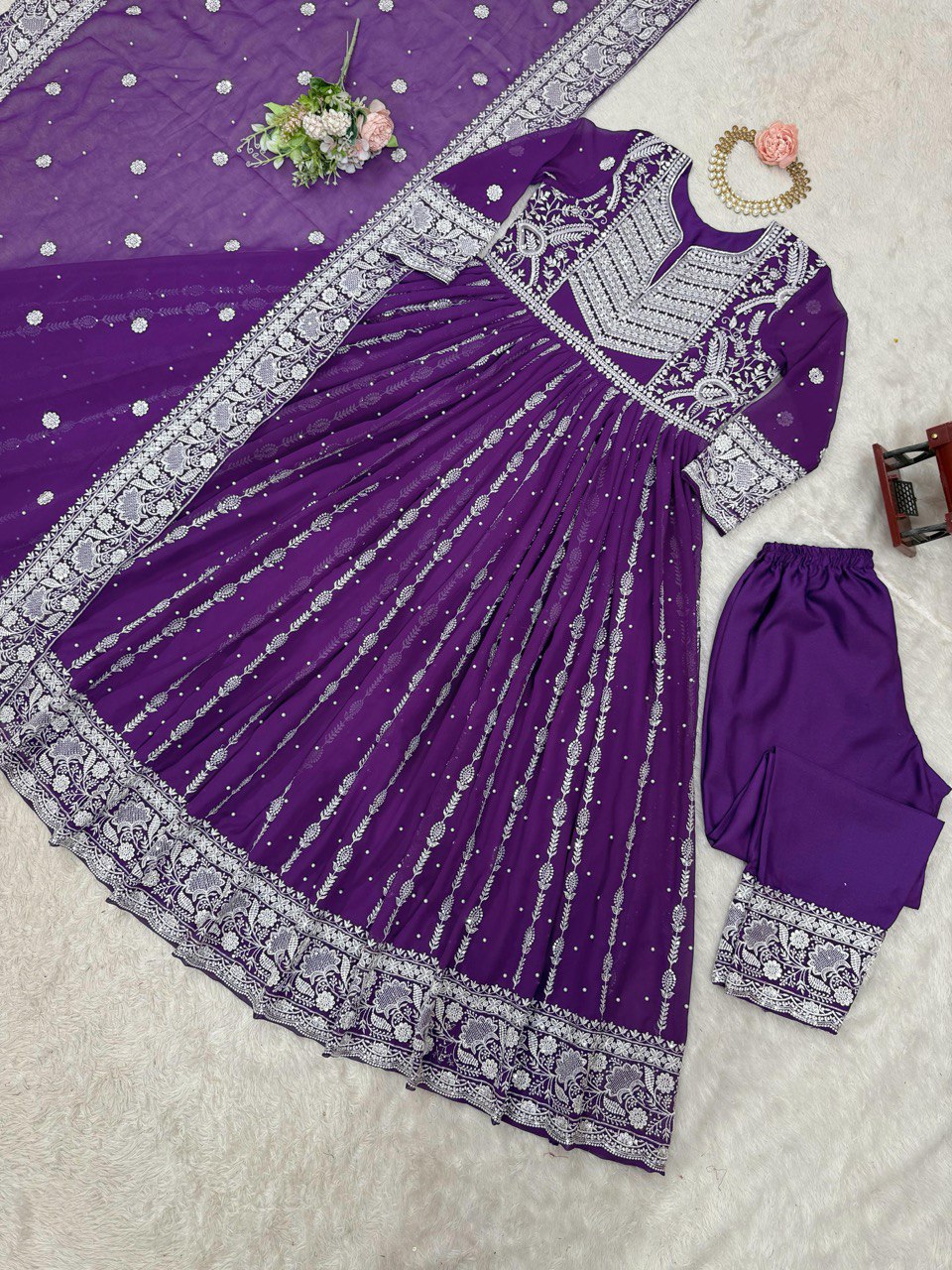 Purple Elegant Faux Georgette Thread & Sequin Embellished Suit Set with Rivet Moti Detailing ClothsVilla